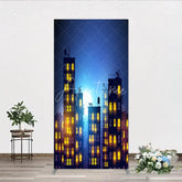 Aperturee - Aperturee Urban Night City Rectangle Arch Backdrop with Glowing Windows Full Moon and Starry Sky Perfect for Evening Events