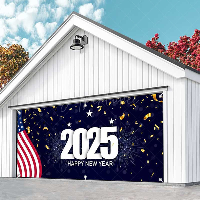 Aperturee - Aperturee Usa Flag 2025 Happy New Year Garage Door Banner