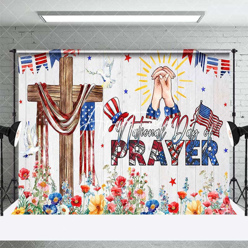 Aperturee - Aperturee Usa Flag Cross Floral National Prayer Day Backdrop