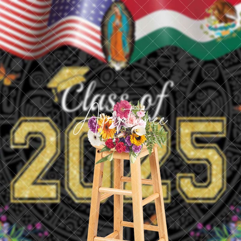 Aperturee - Aperturee Usa Flag Floral Stripe Class of 2025 Grad Backdrop