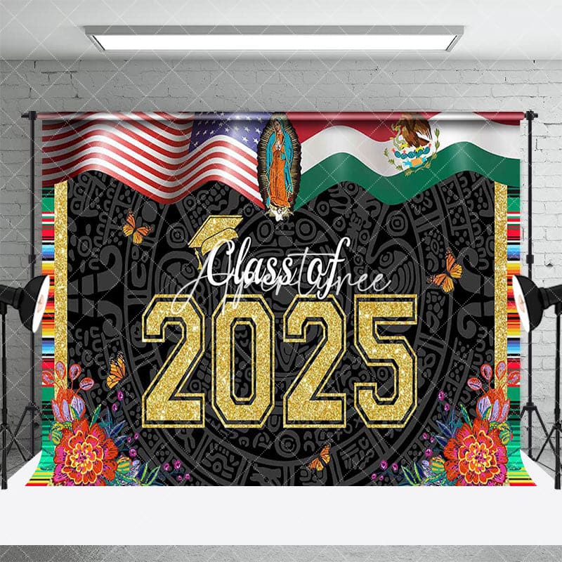 Aperturee - Aperturee Usa Flag Floral Stripe Class of 2025 Grad Backdrop
