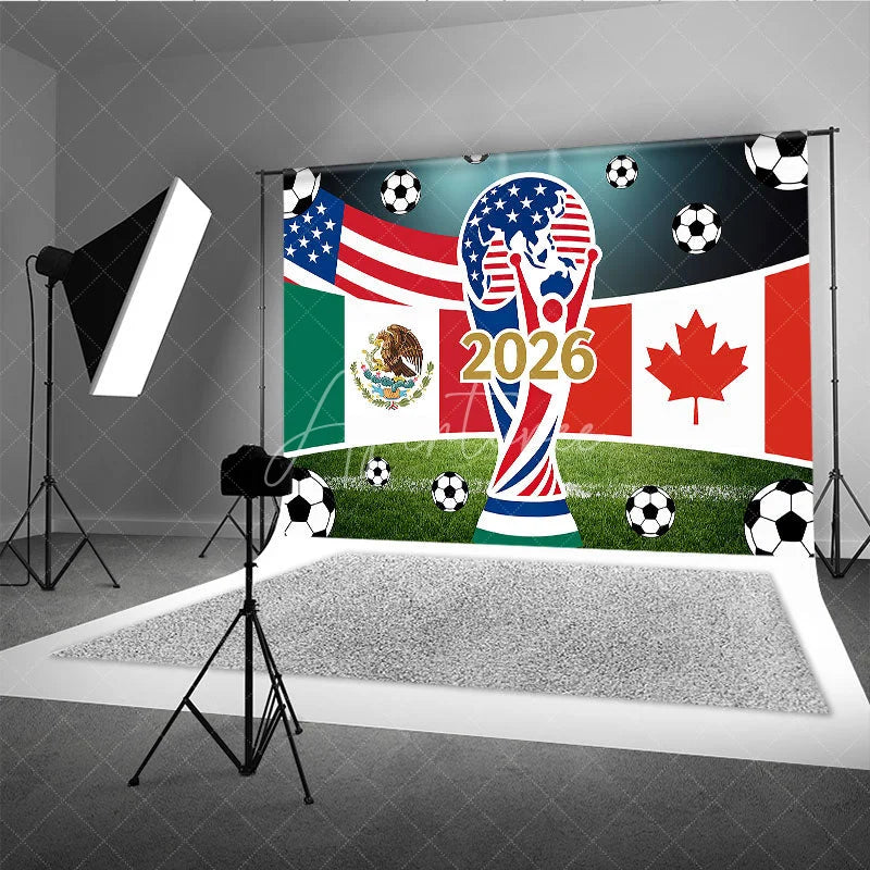 Aperturee - Aperturee USA Mexico Canada Flags and Soccer Balls 2026 International Football Celebration Holiday Backdrop Sports Event Decor