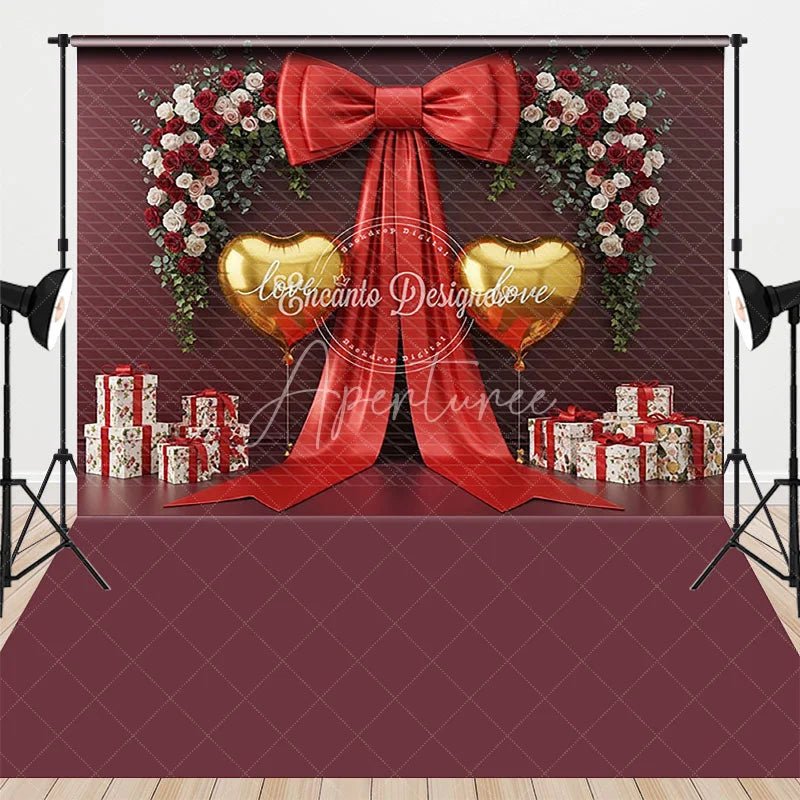 Aperturee - Aperturee Valentine Combo Set Backdrop Large Red Bow Gold Heart Photography Prop Burgundy Floral Wall Photo Background