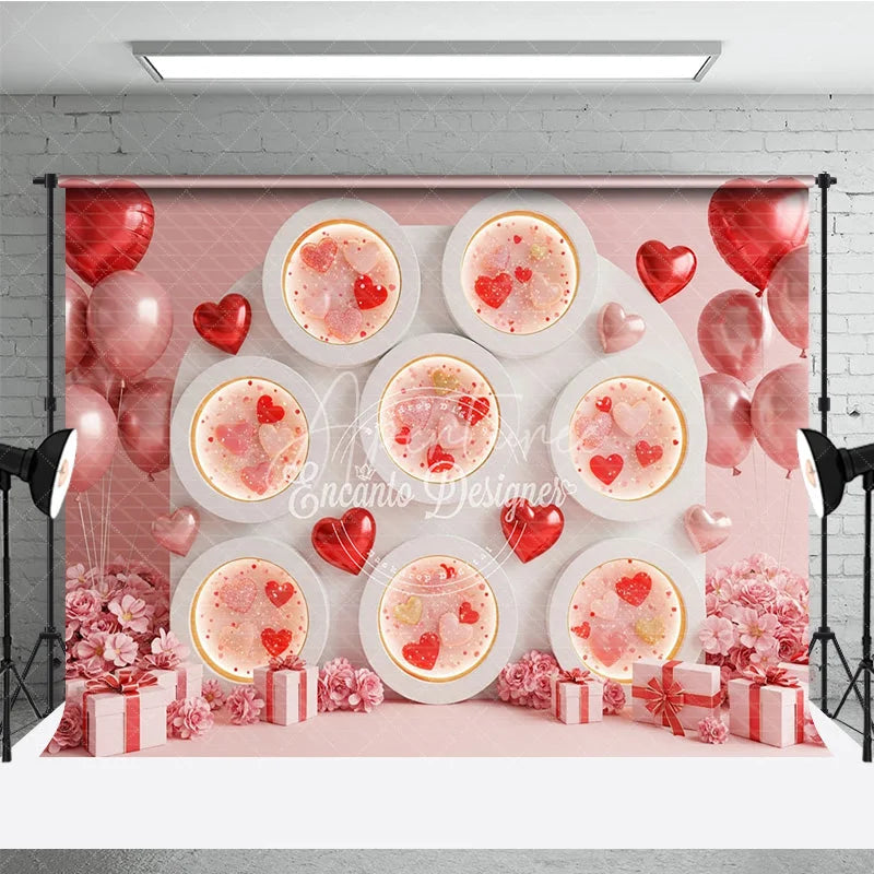Aperturee - Aperturee Valentine Combo Set Backdrop Pink Heart Niche Wall Photography Prop Romantic Balloon Floral Photo Background