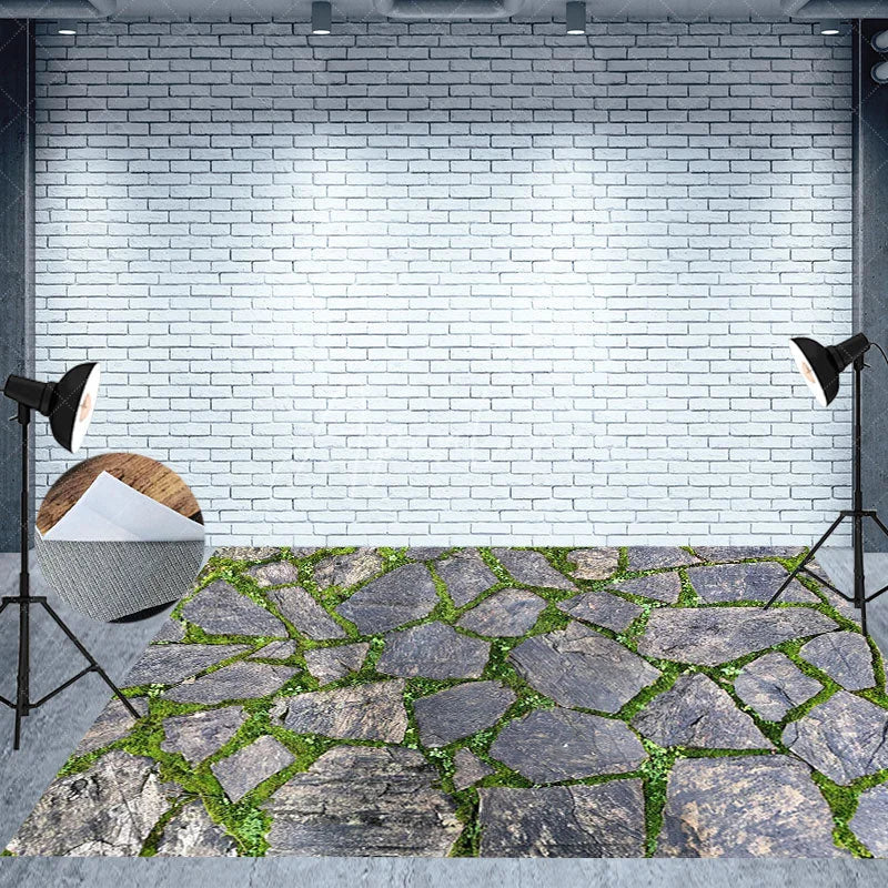 Aperturee - Aperturee Valentine Day Combo Set Backdrop Green Ivy Brick Wall Red Hearts Stone Floor Background Romantic Photography Prop