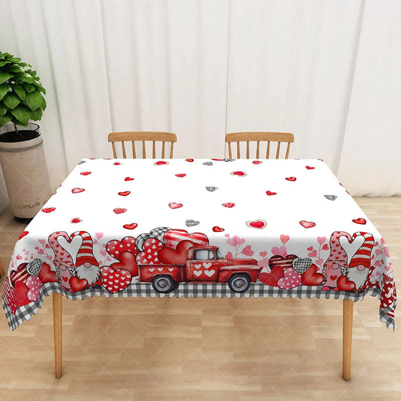 Aperturee - Aperturee Valentine Day Gnome Rectangle Tablecloth Cute Nordic Elf Heart Table Cover Rustic Farmhouse Holiday Decor