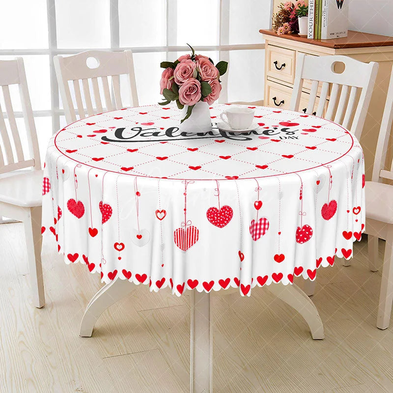 Aperturee - Aperturee Valentine Day Hanging Hearts Round Tablecloth Red Grid Love Text Table Cover Romantic Dinner Home Decor