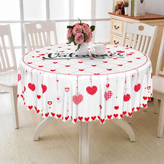 Aperturee - Aperturee Valentine Day Hanging Hearts Round Tablecloth Red Grid Love Text Table Cover Romantic Dinner Home Decor