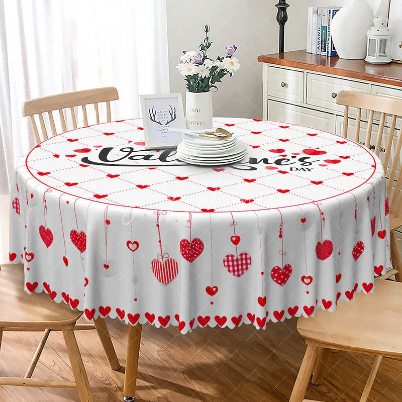 Aperturee - Aperturee Valentine Day Hanging Hearts Round Tablecloth Red Grid Love Text Table Cover Romantic Dinner Home Decor