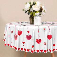 Aperturee - Aperturee Valentine Day Hanging Hearts Round Tablecloth Red Grid Love Text Table Cover Romantic Dinner Home Decor