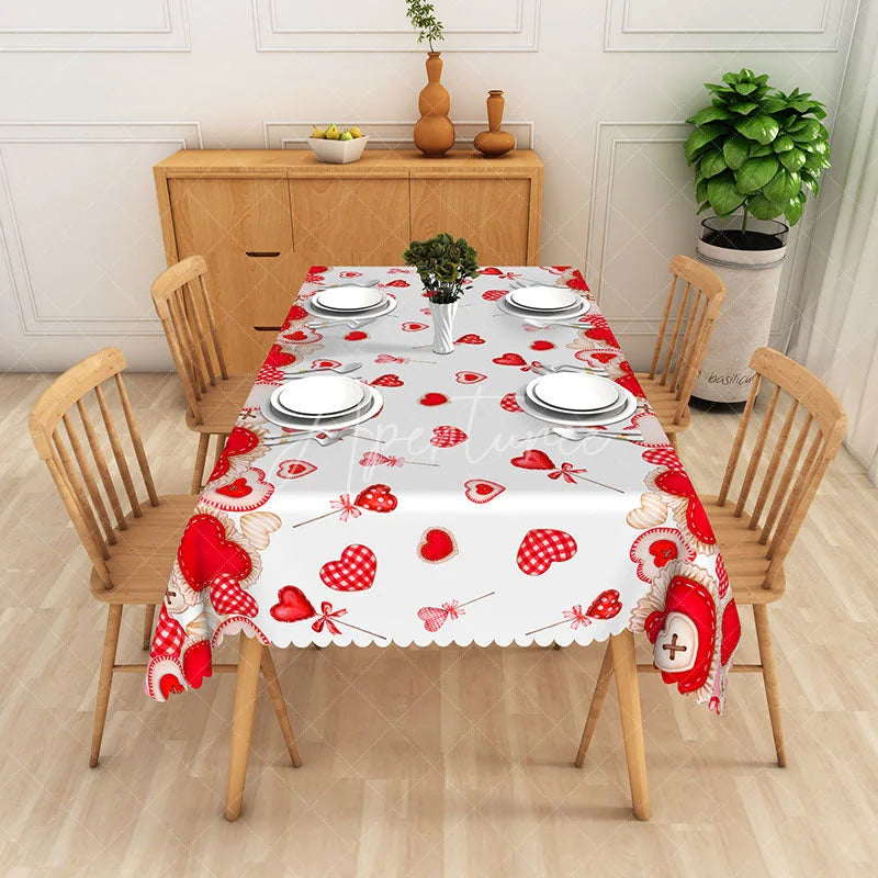 Aperturee - Aperturee Valentine Day Heart Lollipop Rectangle Tablecloth Sweet Red Gingham Candy Table Cover Romantic Party Decor