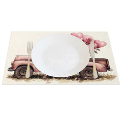 Aperturee - Aperturee Valentine Pink Truck Heart Balloon Set of 4 Placemats Romantic Rose Decoration Love Themed Dining Table Mat