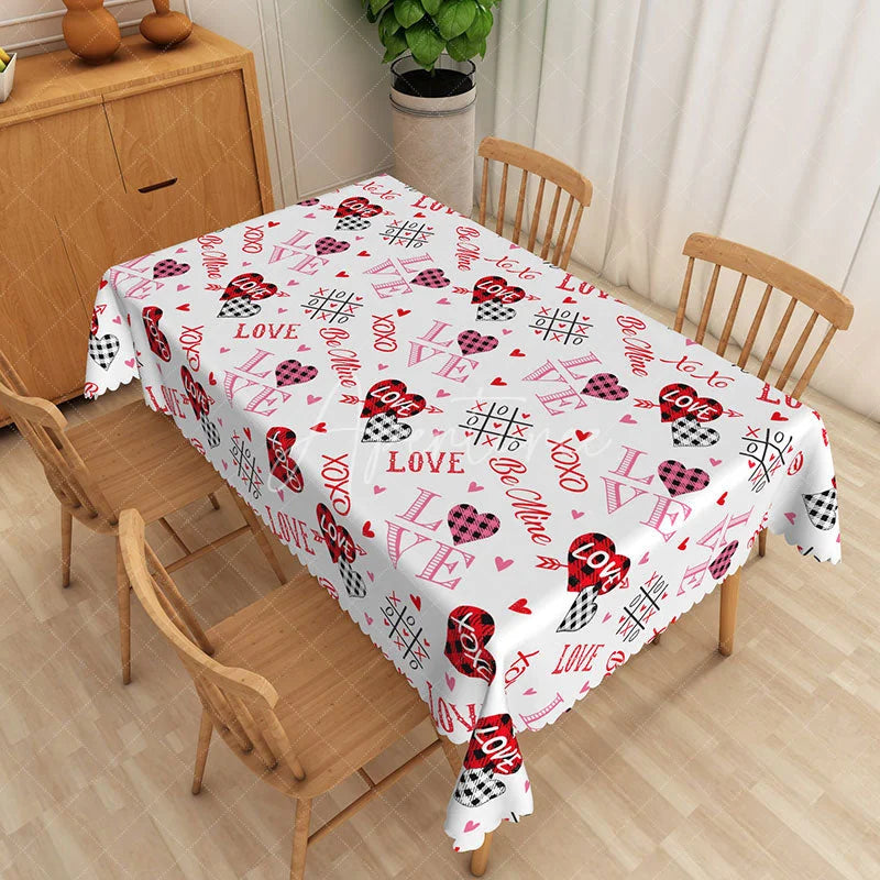 Aperturee - Aperturee Valentine Plaid Heart Typography Rectangle Tablecloth Be Mine XOXO Text Table Cover Rustic Holiday Party Decor