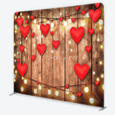 Aperturee - Aperturee Valentine Red Hearts and Wood Tension Fabric Backdrop Rustic Love String Light Photography Background