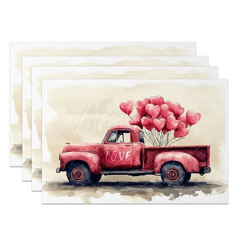Aperturee - Aperturee Valentine Red Truck Heart Balloon Set of 4 Placemats Love Sign Party Decoration Rustic Romance Table Mat
