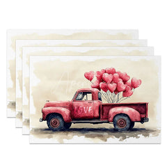 Aperturee - Aperturee Valentine Red Truck Heart Balloon Set of 4 Placemats Love Sign Party Decoration Rustic Romance Table Mat