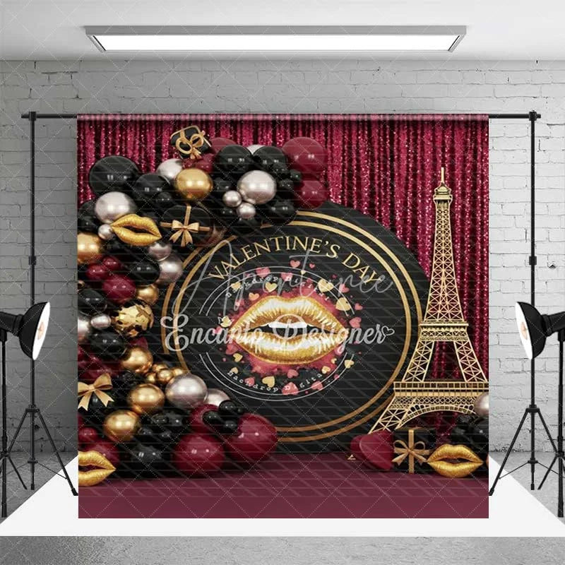 Aperturee - Aperturee Valentine Room Set Backdrop Paris Eiffel Tower Balloon Arch Photography Prop Red Bow Gold Heart Photo Background