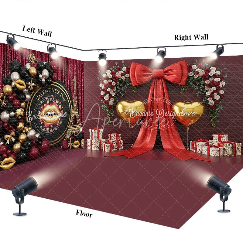 Aperturee - Aperturee Valentine Room Set Backdrop Paris Eiffel Tower Balloon Arch Photography Prop Red Bow Gold Heart Photo Background