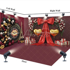 Aperturee - Aperturee Valentine Room Set Backdrop Paris Eiffel Tower Balloon Arch Photography Prop Red Bow Gold Heart Photo Background