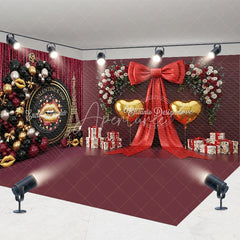 Aperturee - Aperturee Valentine Room Set Backdrop Paris Eiffel Tower Balloon Arch Photography Prop Red Bow Gold Heart Photo Background