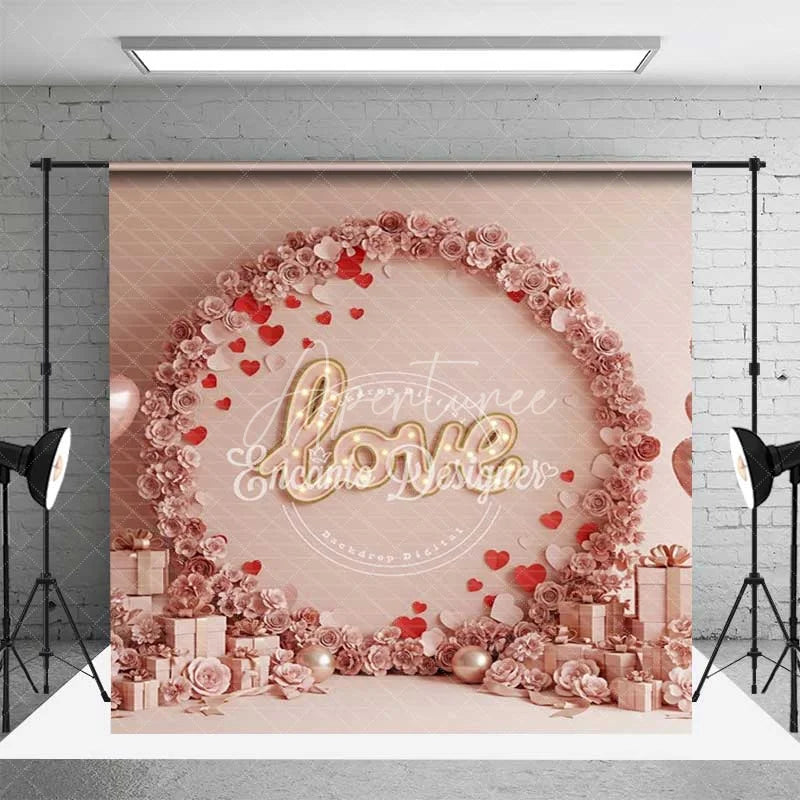 Aperturee - Aperturee Valentine Room Set Backdrop Pink Kisses Stand Teddy Bear Photography Prop Love Floral Wall Photo Background
