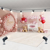 Aperturee - Aperturee Valentine Room Set Backdrop Pink Kisses Stand Teddy Bear Photography Prop Love Floral Wall Photo Background