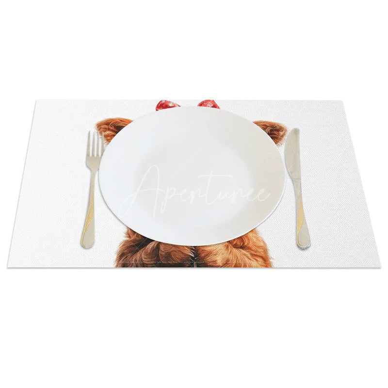 Aperturee - Aperturee Valentine Set of 4 Placemats Baby Highland Cow Love Glasses Sweet Lollipop Red Bow Dining Decor