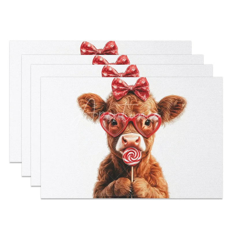 Aperturee - Aperturee Valentine Set of 4 Placemats Baby Highland Cow Love Glasses Sweet Lollipop Red Bow Dining Decor