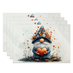 Aperturee - Aperturee Valentine Set of 4 Placemats Cute Gnome Holding Heart Blue Flower Hat Rustic Farmhouse Table Mats