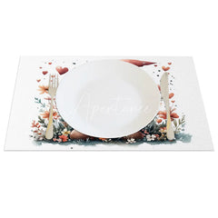 Aperturee - Aperturee Valentine Set of 4 Placemats Gnome Pink Flower Hat Holding Heart Pastel Romantic Dining Table Mats