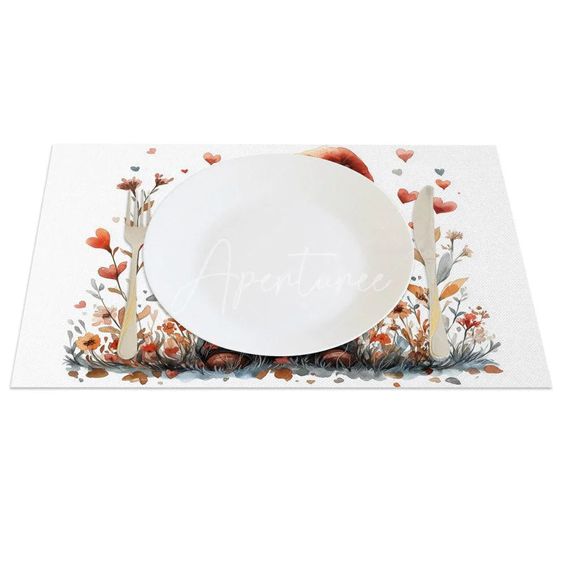 Aperturee - Aperturee Valentine Set of 4 Placemats Gnome Red Hat Holding Heart Watercolor Love Nature Dining Table Mats