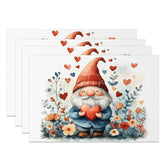 Aperturee - Aperturee Valentine Set of 4 Placemats Gnome Tall Orange Hat Holding Heart Floral Love Theme Dining Table Mats