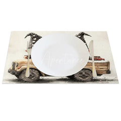 Aperturee - Aperturee Valentine Set of 4 Placemats Gnomes Driving Truck Cool Sunglasses Black Heart Hat Table Mats
