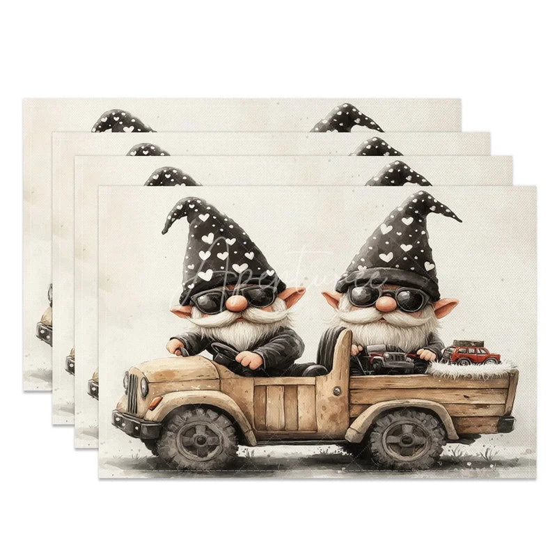 Aperturee - Aperturee Valentine Set of 4 Placemats Gnomes Driving Truck Cool Sunglasses Black Heart Hat Table Mats