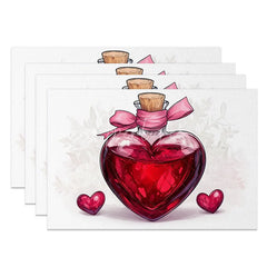 Aperturee - Aperturee Valentine Set of 4 Placemats Heart Shaped Glass Bottle Red Love Liquid Ribbon Dining Decor