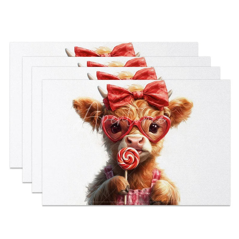 Aperturee - Aperturee Valentine Set of 4 Placemats Highland Cow Heart Sunglasses Red Bow Lollipop Cute Animal Table Mats
