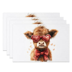 Aperturee - Aperturee Valentine Set of 4 Placemats Highland Cow Heart Sunglasses Red Plaid Bow Cute Animal Table Mats