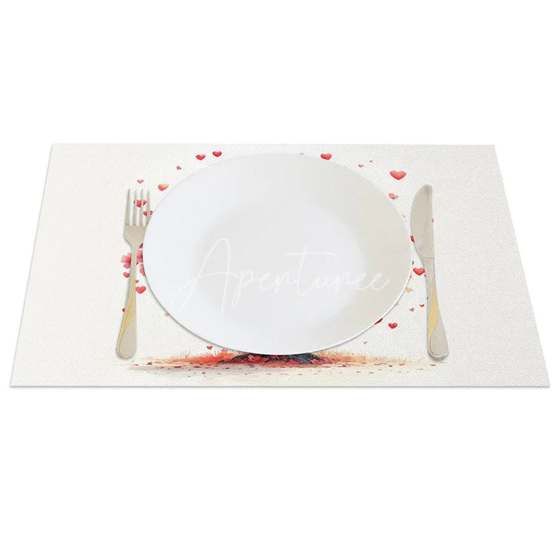Aperturee - Aperturee Valentine Set of 4 Placemats Pink Floral Heart Tree Spring Love Blossom Dining Table Mats
