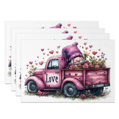 Aperturee - Aperturee Valentine Set of 4 Placemats Pink Truck Purple Gnome Rustic Farmhouse Love Dining Table Mats