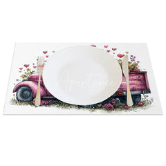 Aperturee - Aperturee Valentine Set of 4 Placemats Pink Truck Purple Gnome Rustic Farmhouse Love Dining Table Mats