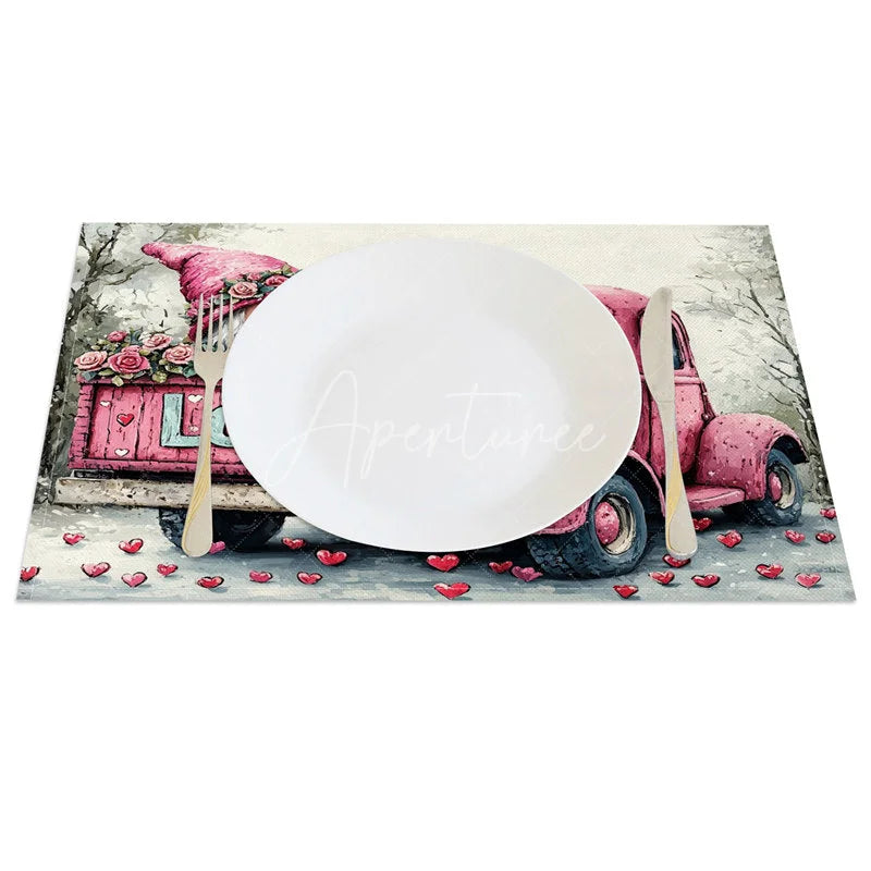 Aperturee - Aperturee Valentine Set of 4 Placemats Pink Truck with Roses Gnome Love Tailgate Farmhouse Dining Table Mats