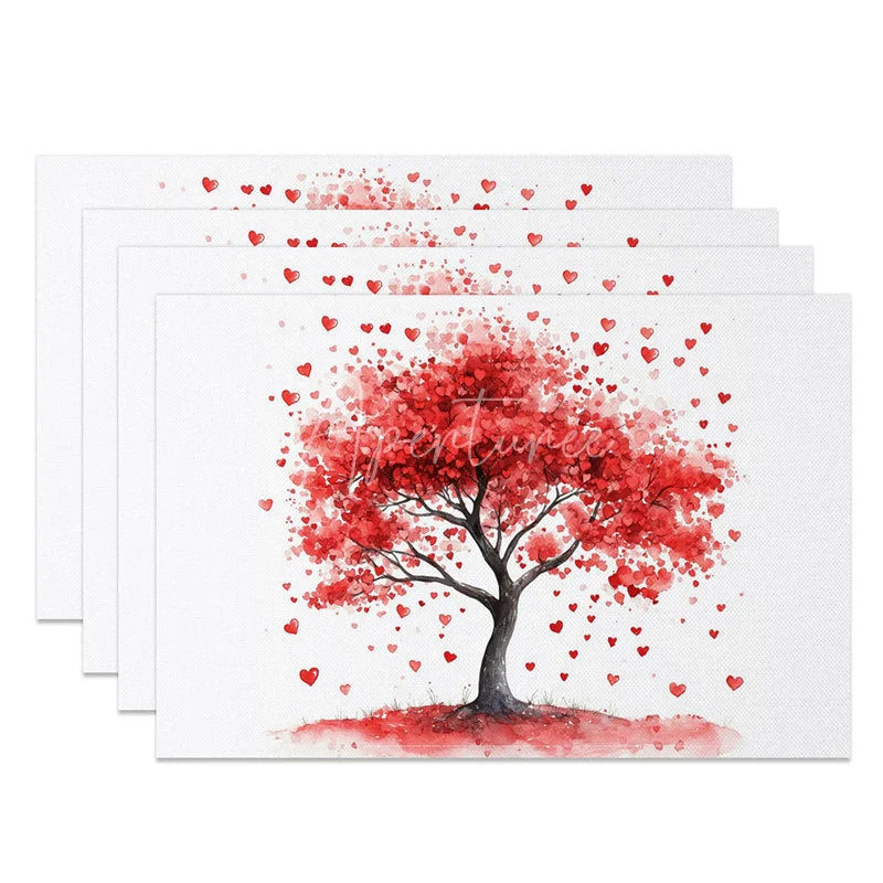 Aperturee - Aperturee Valentine Set of 4 Placemats Red Heart Tree Watercolor Love Tree Romantic Dining Table Mats