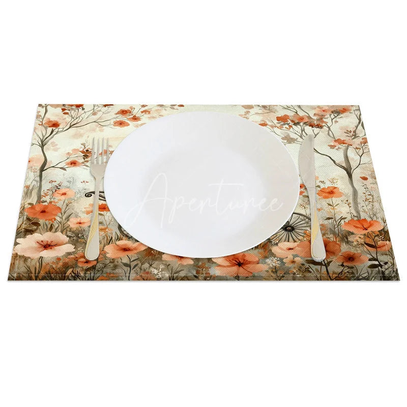Aperturee - Aperturee Valentine Set of 4 Placemats Vintage Flower Carriage Retro Baby Pram Floral Dining Table Mats
