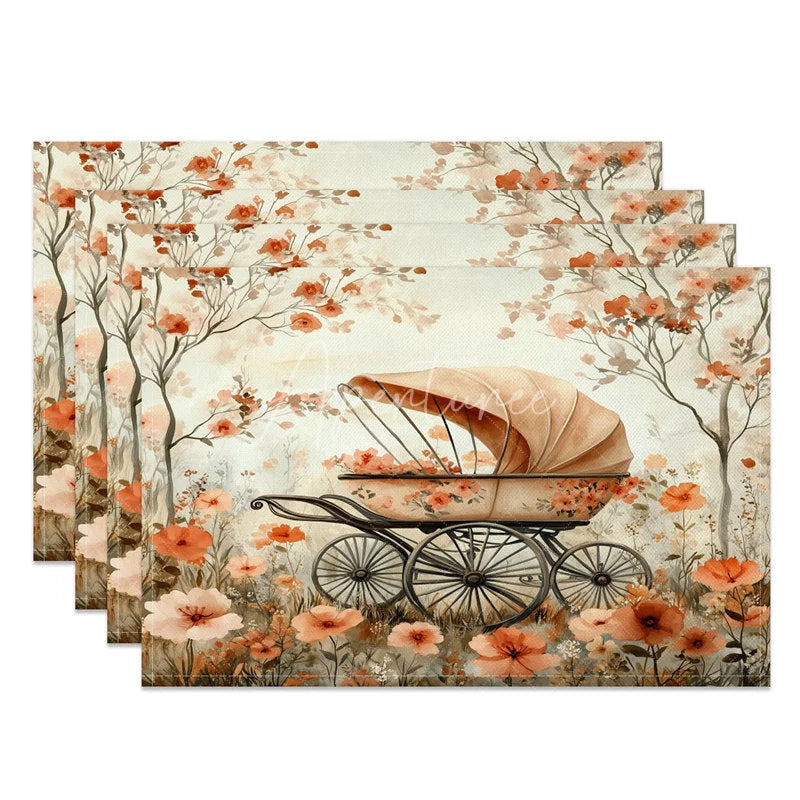 Aperturee - Aperturee Valentine Set of 4 Placemats Vintage Flower Carriage Retro Baby Pram Floral Dining Table Mats