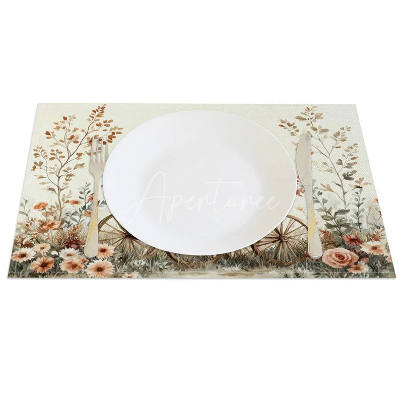 Aperturee - Aperturee Valentine Set of 4 Placemats Vintage Wooden Wagon Roses Rustic Floral Cart Dining Table Mats