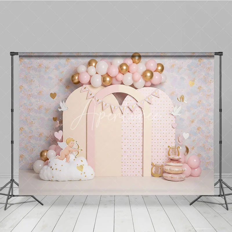 Aperturee - Aperturee Valentines Day Backdrop Cute Cupid and Pink Arches with Gold Hearts Birthday Party Photography Banner