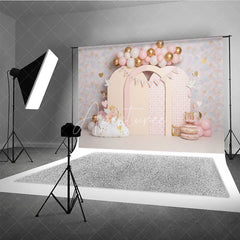 Aperturee - Aperturee Valentines Day Backdrop Cute Cupid and Pink Arches with Gold Hearts Birthday Party Photography Banner