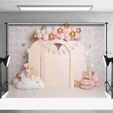 Aperturee - Aperturee Valentines Day Backdrop Cute Cupid and Pink Arches with Gold Hearts Birthday Party Photography Banner