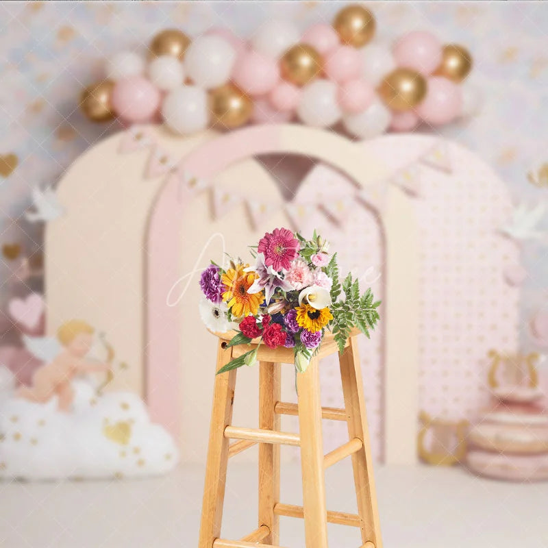 Aperturee - Aperturee Valentines Day Backdrop Cute Cupid and Pink Arches with Gold Hearts Birthday Party Photography Banner