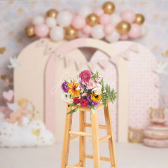 Aperturee - Aperturee Valentines Day Backdrop Cute Cupid and Pink Arches with Gold Hearts Birthday Party Photography Banner